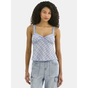 Women's No Boundaries Woven Lace Plaid Cami Blue Combo XS